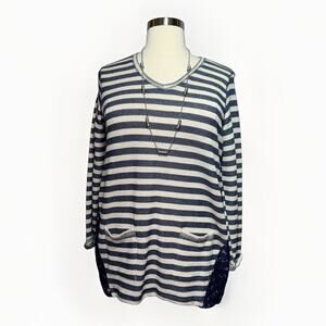 French Laundry Navy & Tan Striped Tunic Women’s Size 2X Lace Side Accent Pockets